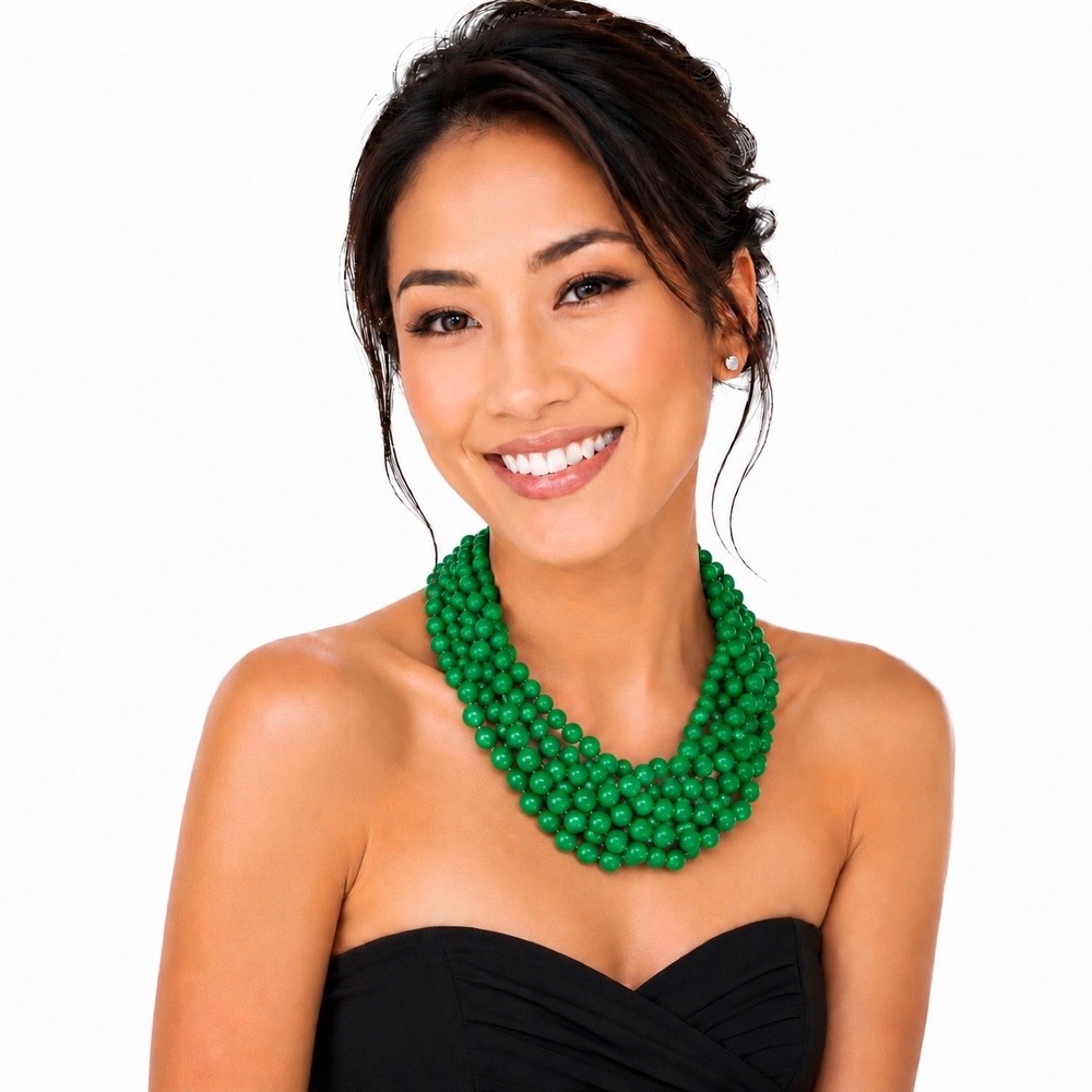 Green Multi Strand Beaded Necklace Chunky Bib Style Gold Tone Clasp Chic 103-196